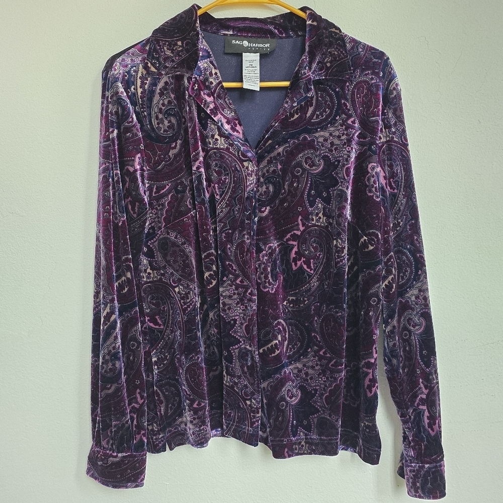 Sag Harbor Purple Paisley Velvet Button Shirt Vintage Bohemian Medium Petite